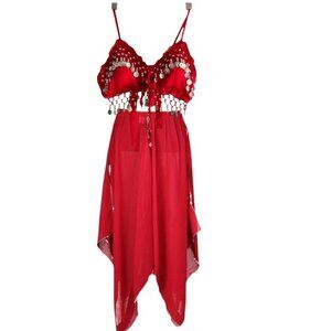 Belly Dance Costume Top Silver Coins Sequence Skirt Suit Set Size S/M Halloween